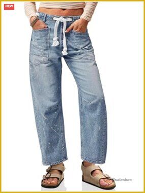 Baggy Barrel Horseshoe Jeans Wide Leg Drawstring Patch Pockets Paint Splatter